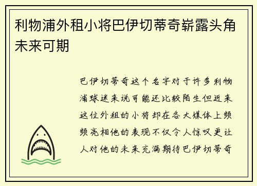 利物浦外租小将巴伊切蒂奇崭露头角未来可期 利物浦外租小将巴伊切蒂奇崭露头角未来可期